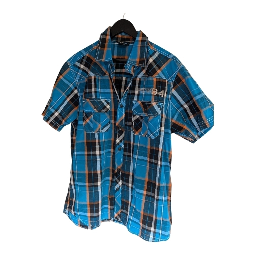 Vintage Men's Blue Plaid Short Sleeve Shirt. Size L.